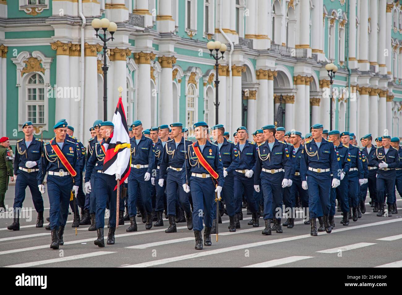 Military parade of Russian Airborne cadets wearing telnyashkas and blue berets marching in front of the Hermitage in Saint Petersburg, Russia Stock Photo