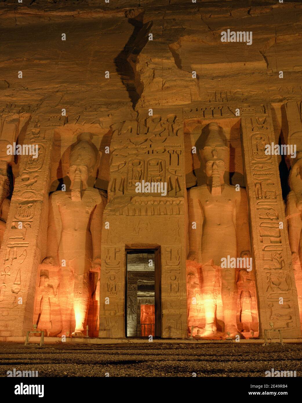 North Africa, Egypt, Abu Simbel, Temple of Nefertari and Hathor illuminated at night in the Son et Lumiere show Stock Photo