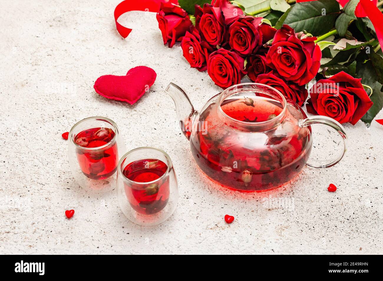 Romantic morning tea and soft felt heart. Love concept for ...