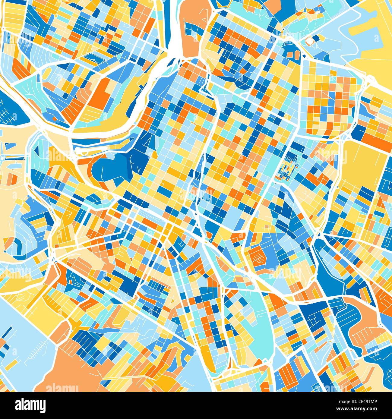 Color art map of Piracicaba, Brazil, Brazil in blues and oranges. The