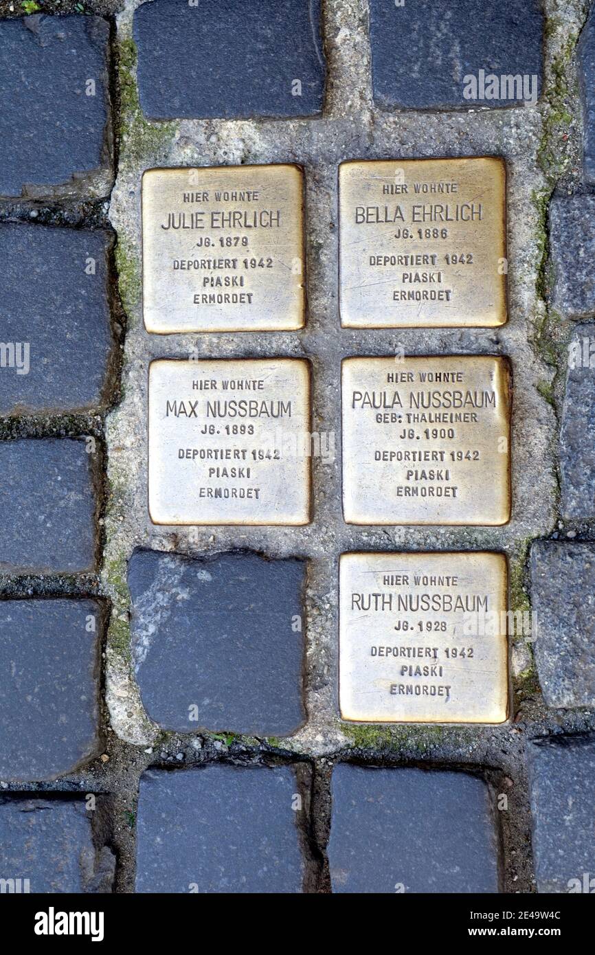 Germany, Bavaria, Upper Palatinate, Regensburg, Nazi victims, cobblestones, stumbling blocks, brass markers Stock Photo