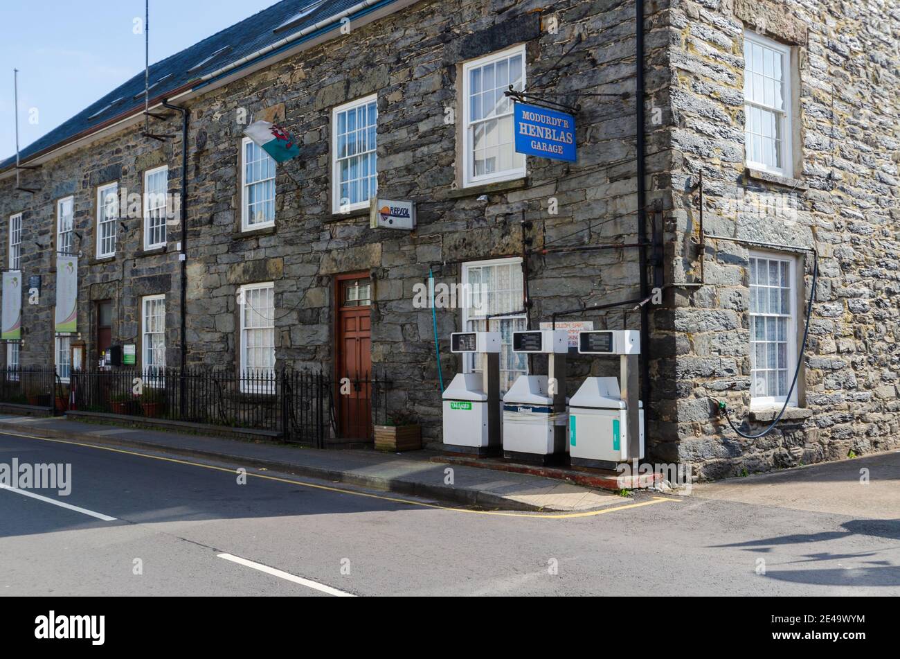 Bala; UK: Sep 20, 2020: Kerbside petrol and diesel filling pumps beside the main road at Henblas Garage. Stock Photo
