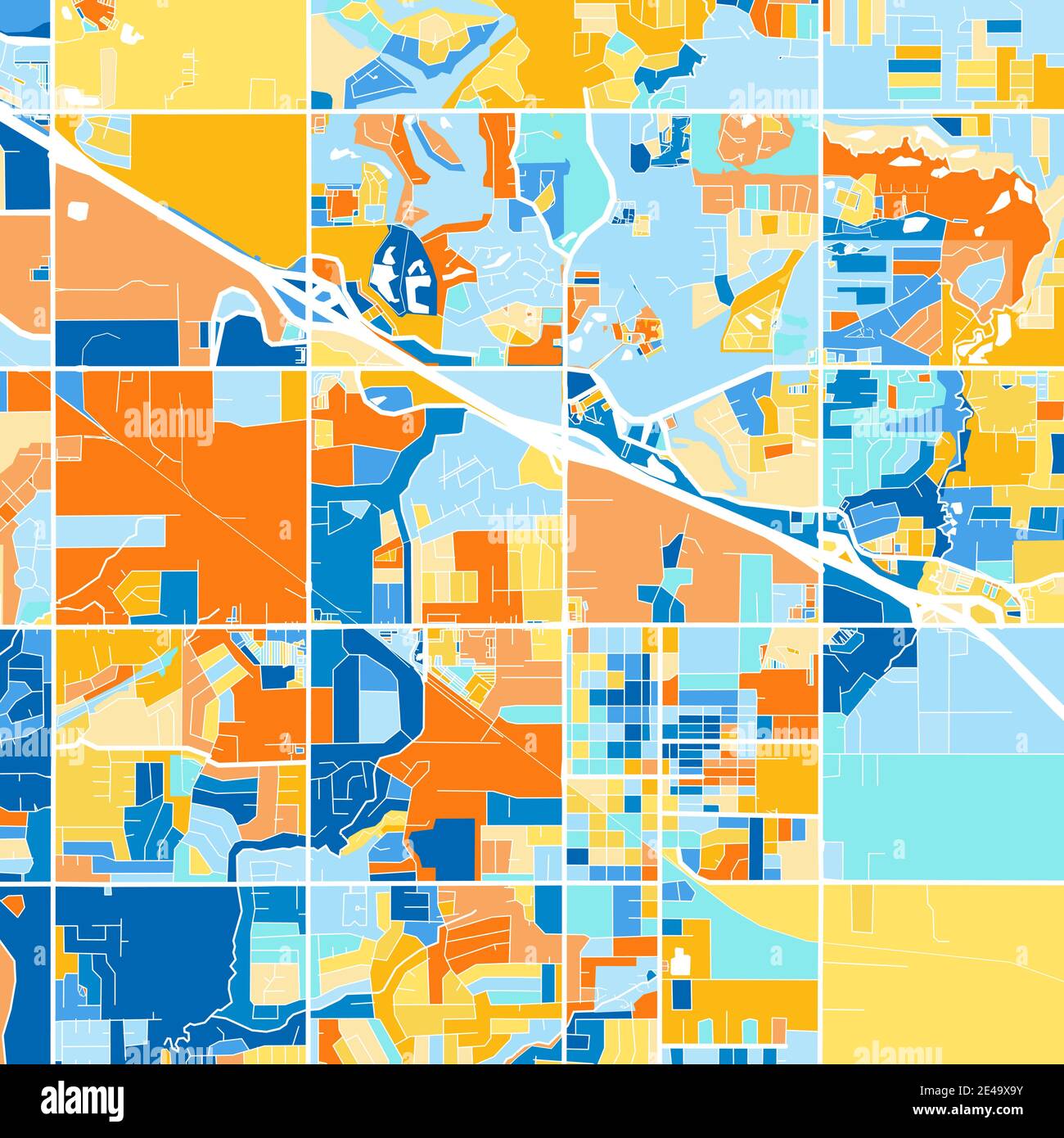 Color art map of  BrokenArrow, Oklahoma, UnitedStates in blues and oranges. The color gradations in BrokenArrow   map follow a random pattern. Stock Vector