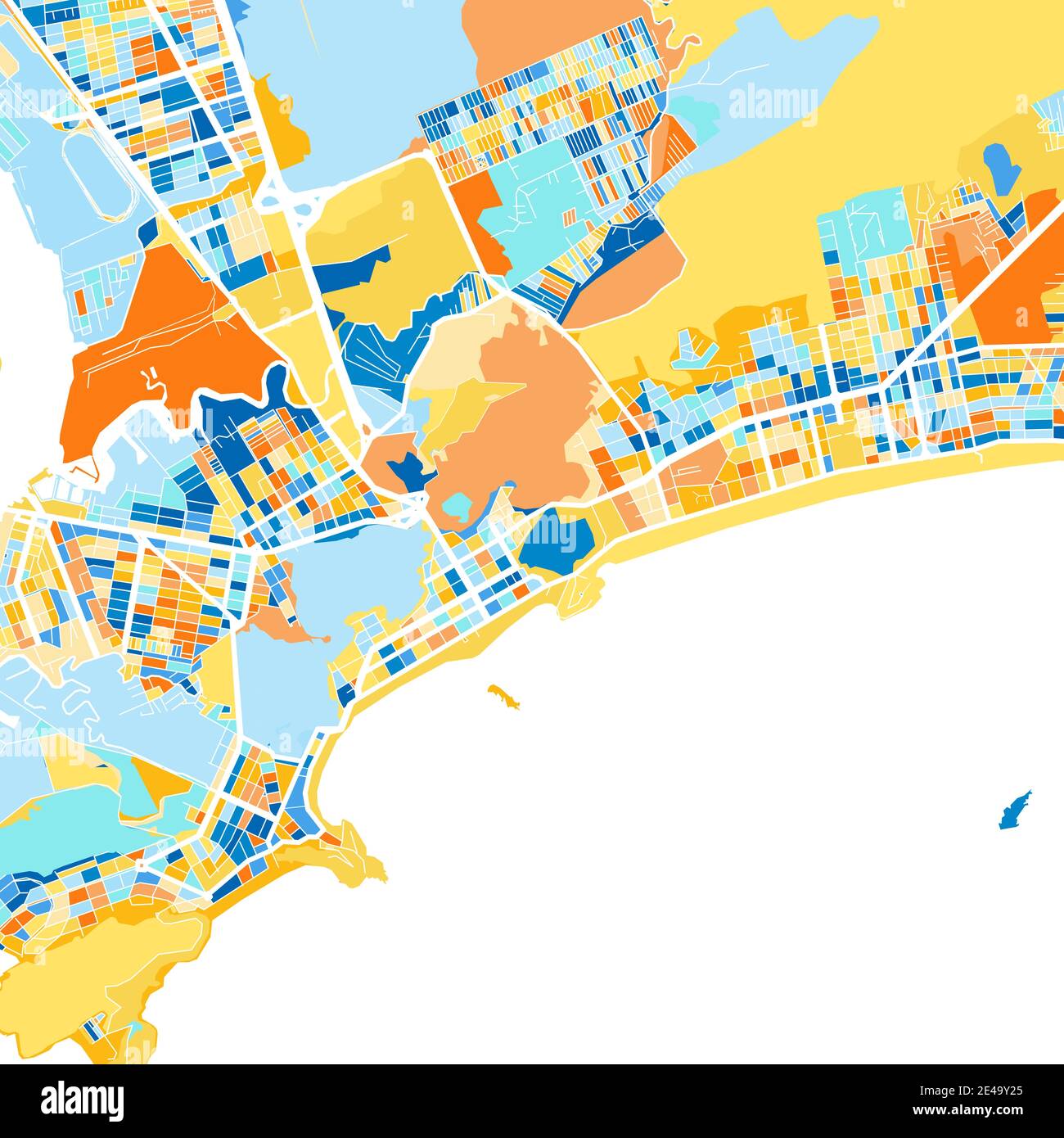 Color art map of Guaruja, Brazil, Brazil in blues and oranges. The ...