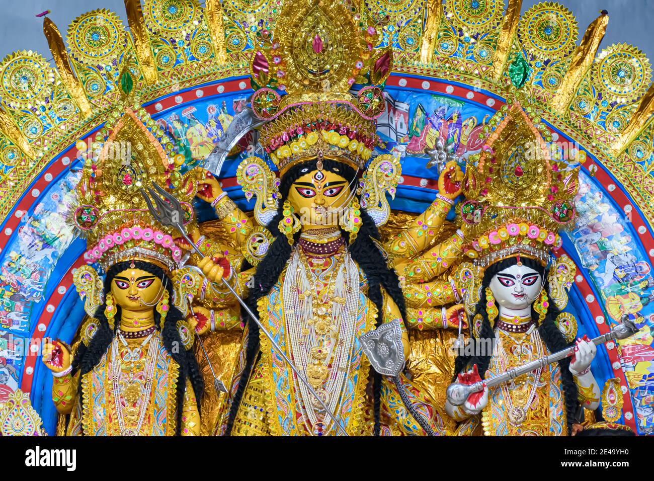 Goddess Durga idol at decorated Durga at Sovabazar Rajbari in Kolkata, West Bengal, India. Durga Puja is biggest religious festival of Hinduism and is Stock Photo