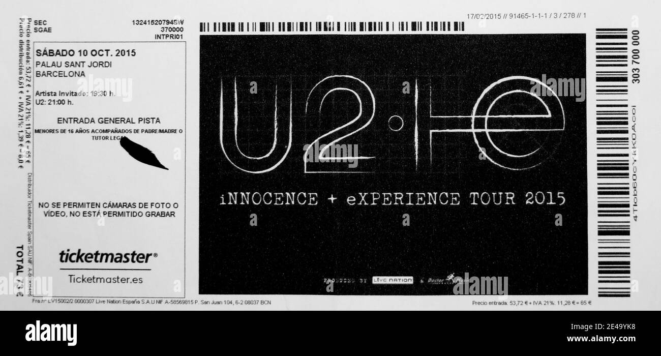 Black and white printed entrance ticket for the U2 Innocence + experience Tour concert at the Palau Sant Jordi Barcelona Catalonia Spain Stock Photo