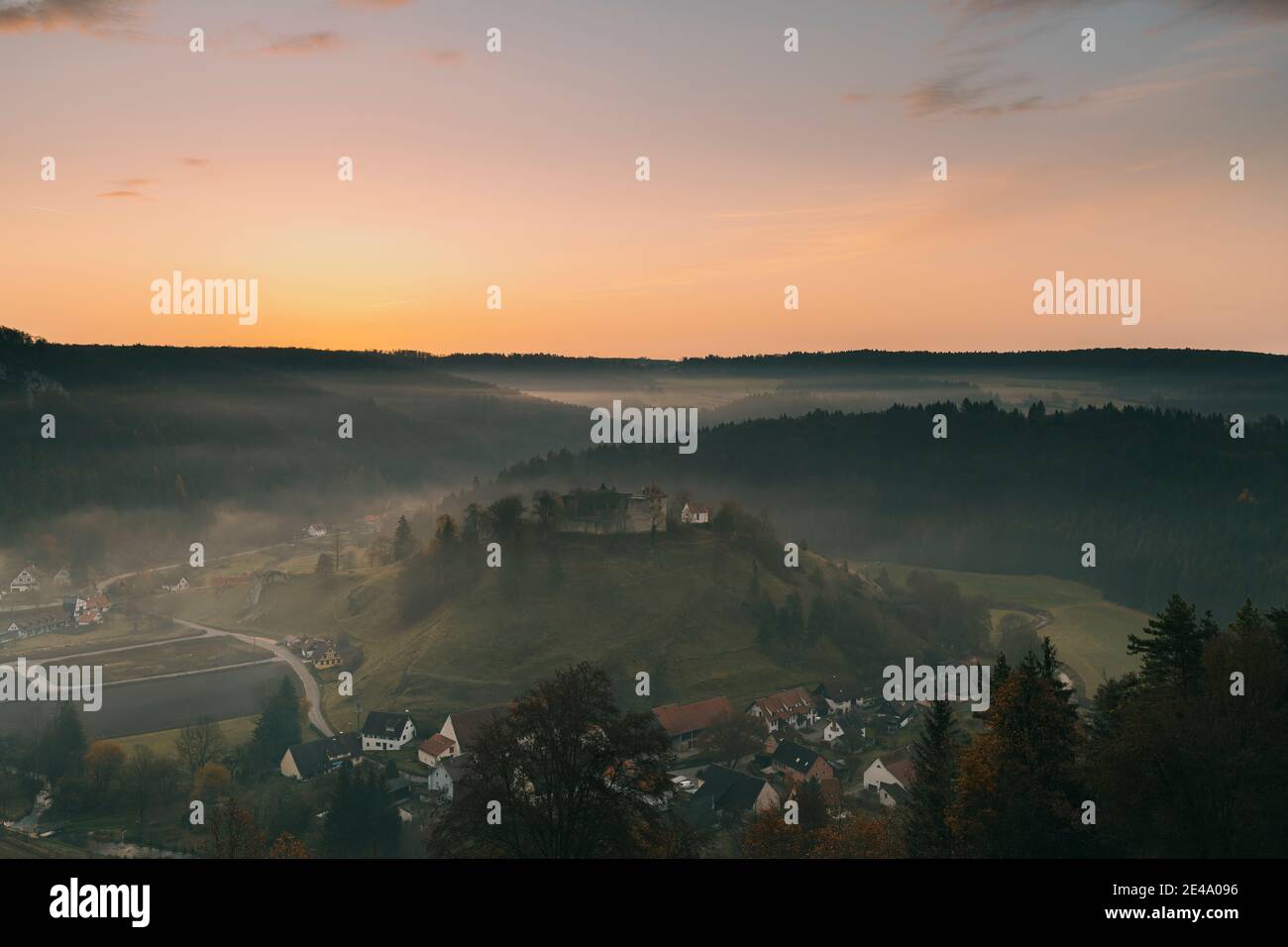 Sunrise, landscape, fog, Gundelfingen, Münsingen, Swabian Alb, Baden-Wuerttemberg, Germany, Europe Stock Photo