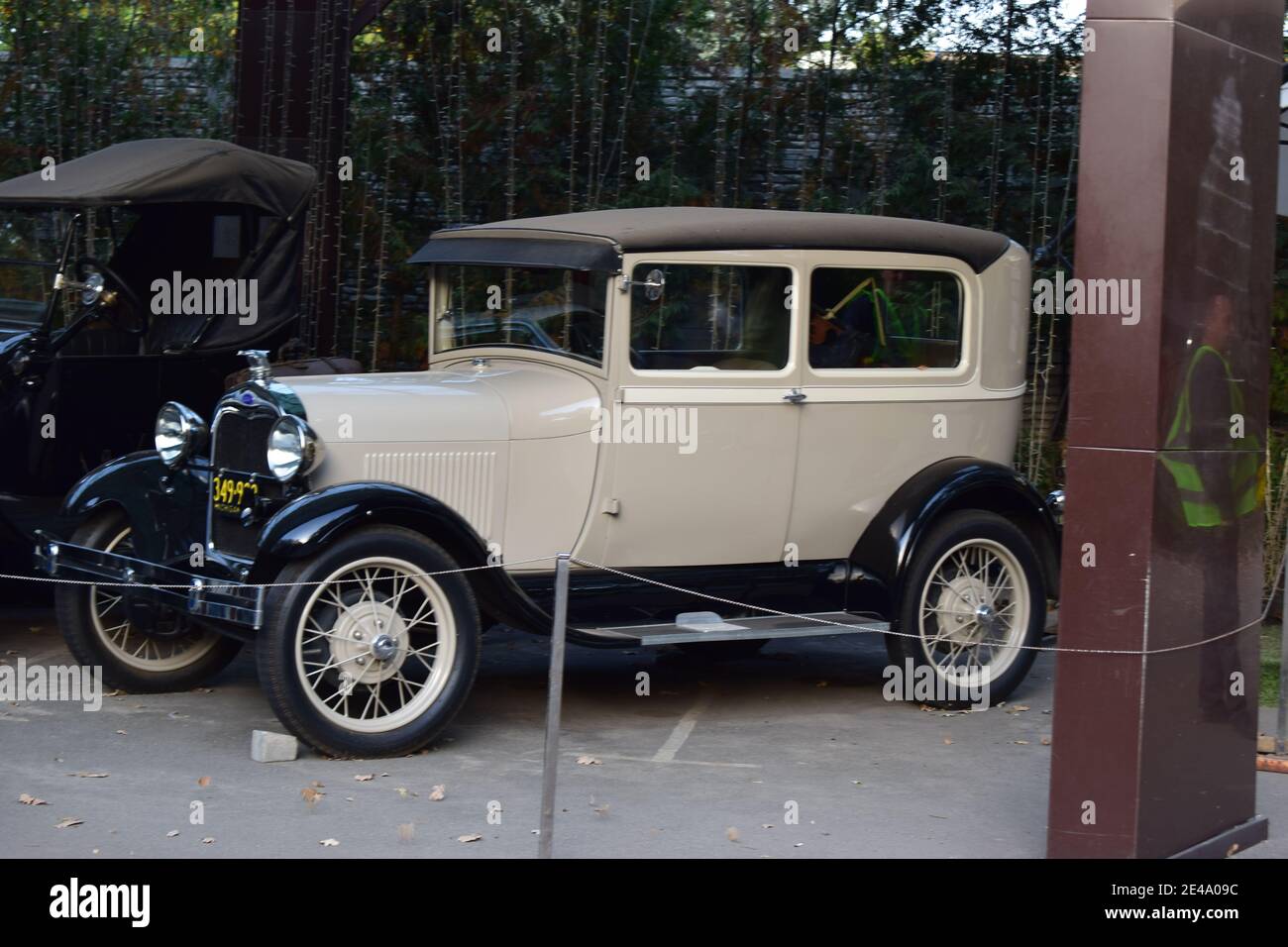 Front view of a parked Old Classic antique black and off white cream color custom rendition 1927-1931 Ford Model A. Vintage luxury auto. Kharkov, Ukra Stock Photo