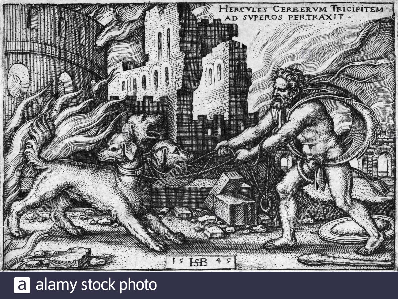 Ancient Roman Mythology, Hercules and Cerberus, vintage illustration from 1545 Stock Photo
