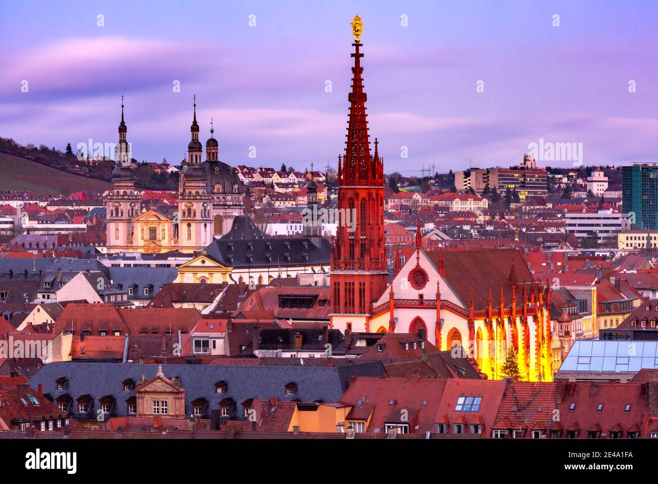 Aerial night view of Old Town with Maria Chapel in Wurzburg, Franconia, Bavaria, Germany Stock Photo