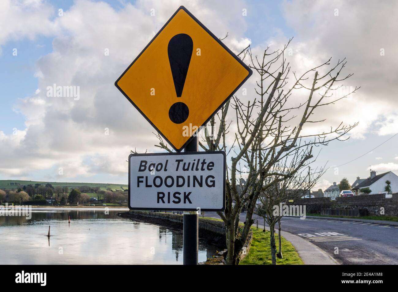 Flooding Risk warning road sign in Timoleague, West Cork, Ireland. Stock Photo