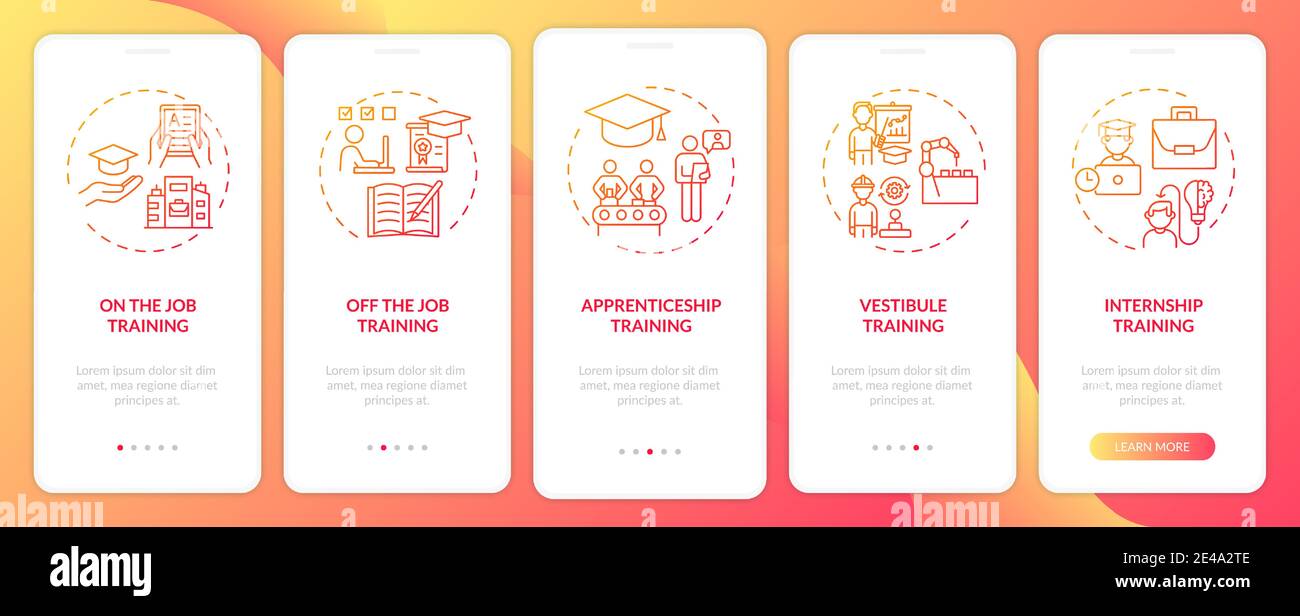 Staff instruction methods onboarding mobile app page screen with concepts Stock Vector