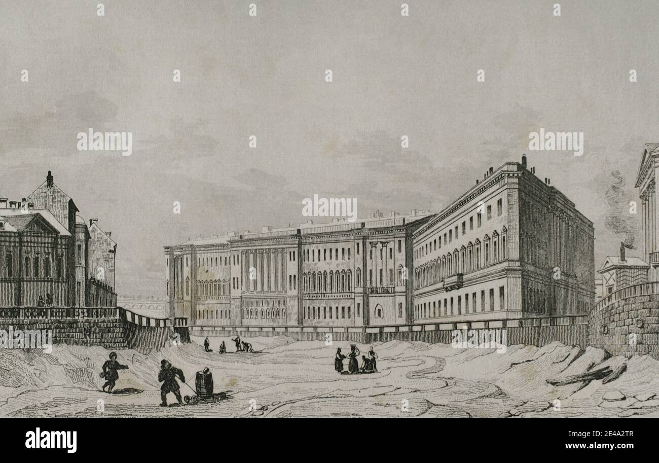 Russia, Saint Petersburg. View of the General Staff Building on the bank of the Moyka River Canal. It was constructed between 1819 and 1829. Eastern Facade. Engraving by Lemaitre and Traversier. History of Russia by Jean Marie Chopin (1796-1870). Panorama Universal, Spanish edition, 1839. Stock Photo