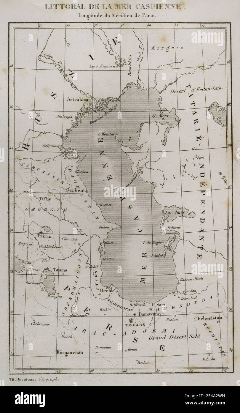 Caspian Sea littoral. Map by geographer Thunot Duvotenay (1796-1875). History of Russia by Jean Marie Chopin (1796-1870). Panorama Universal, Spanish edition, 1839. Stock Photo