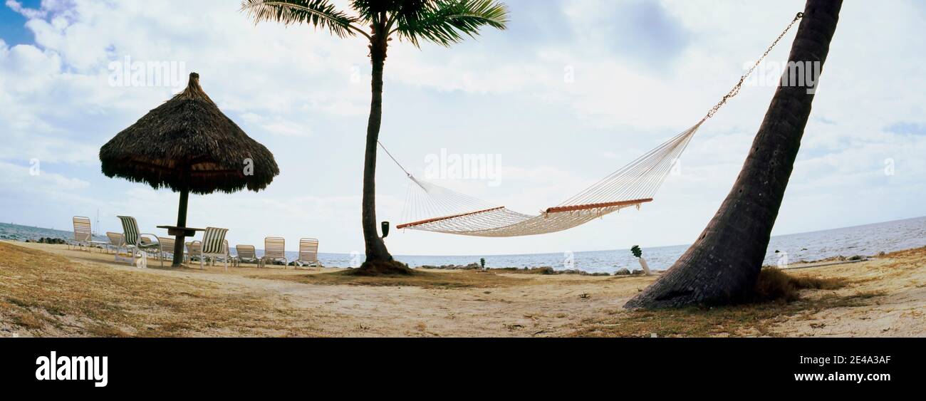 Hammock and umbrella on the beach, Key Largo, Florida Keys, Florida