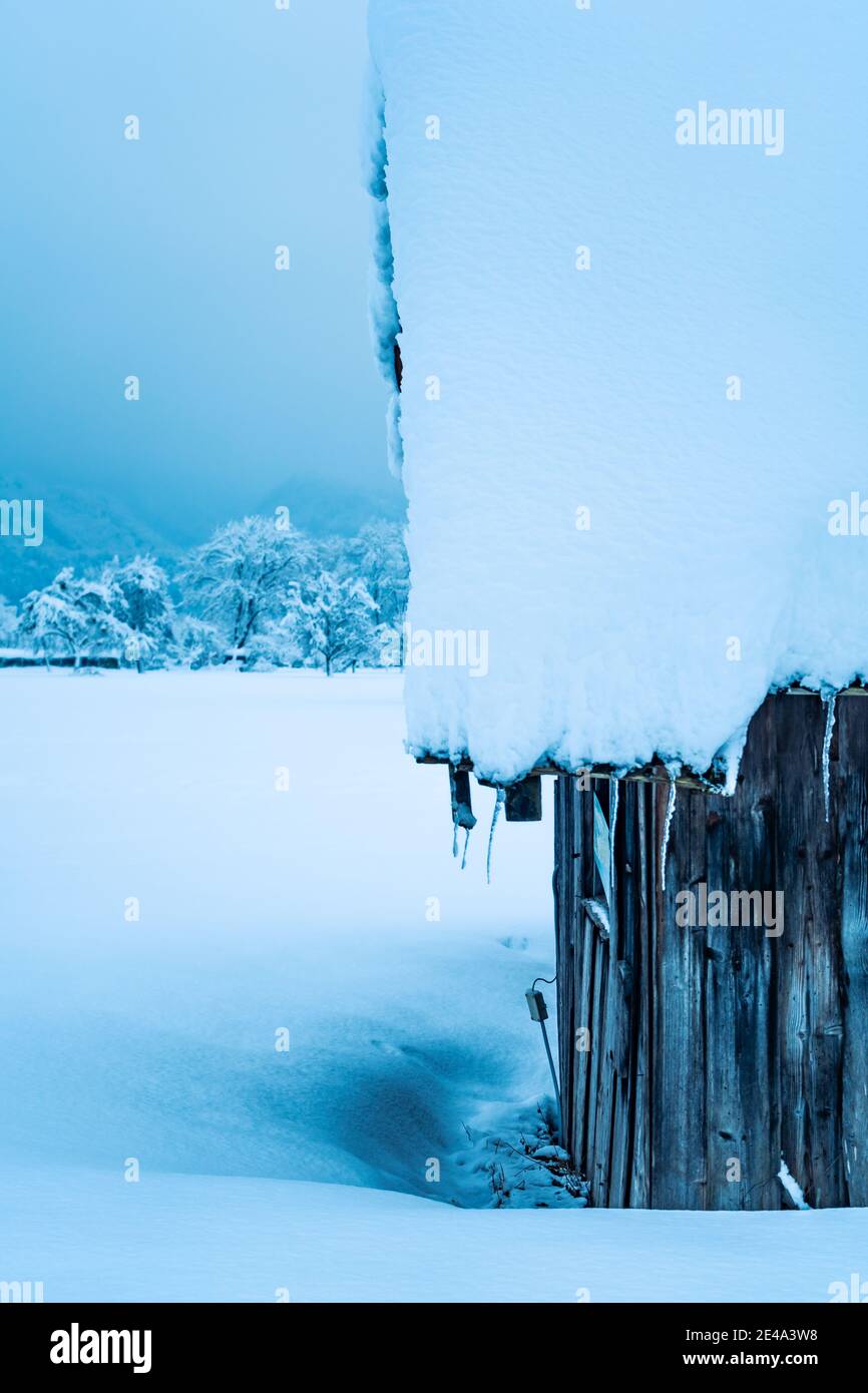 snowy hut with icicles on the roof. Verschneiter Stadel mit Eiszapfen an der Dachrinne. Winterszene. winter snow cabin icicles wooden facade weathered Stock Photo