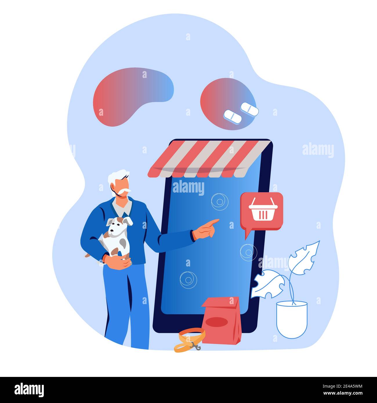 Animals food online ordering and delivery service banner with man