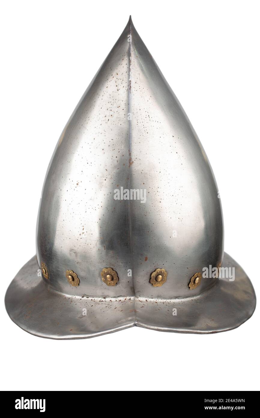 A Spanish conquistador comb morion steeel helmet 16-17th century isolated on white background Stock Photo