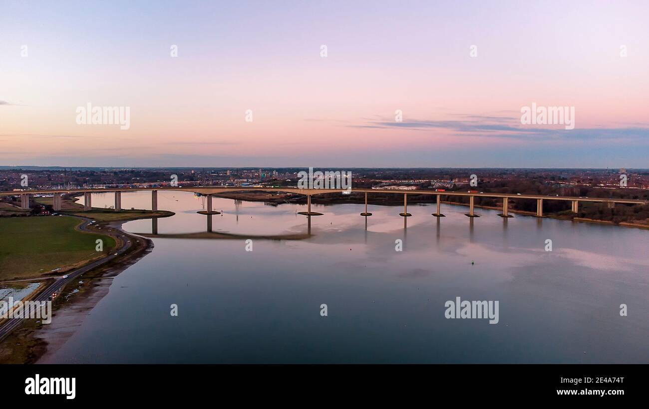 View of the River Orwell from a drone at sunset in Suffolk, UK Stock Photo