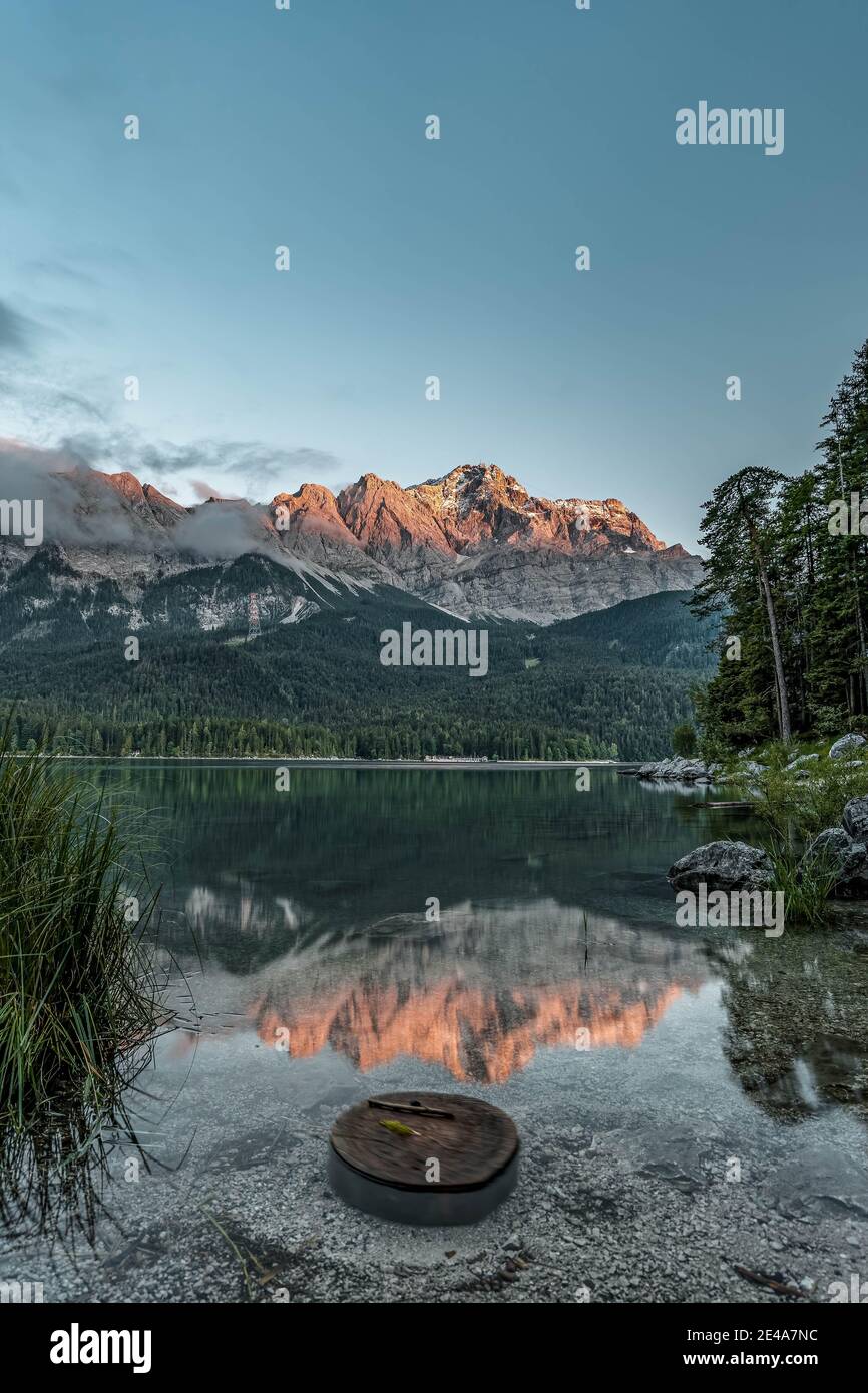 Eibsee lake view of Zugspitze Alpenglow in Germany Summer Stock Photo ...
