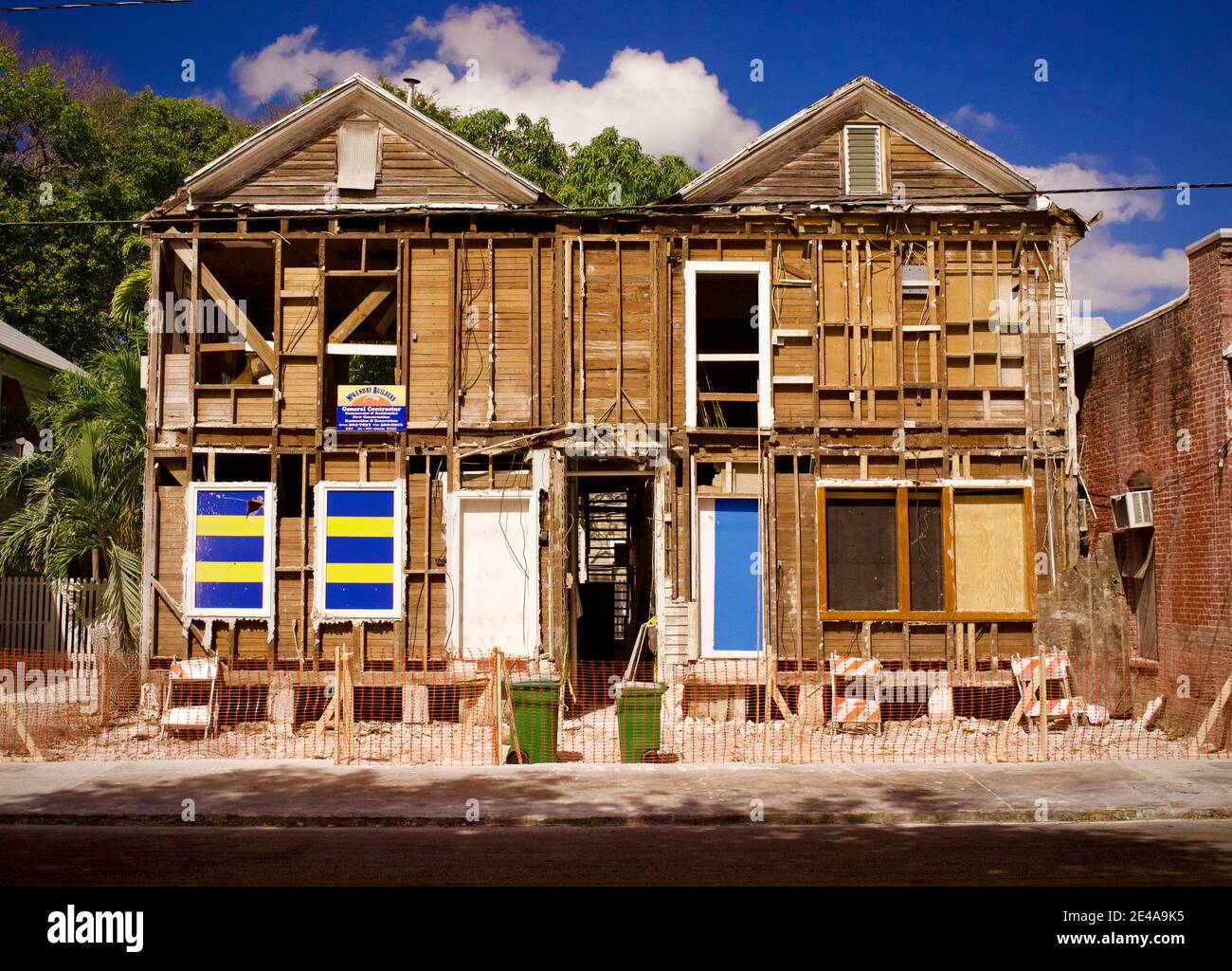 Renovation of two old houses in Historic Key West, Florida.  Vacation destination.  Facade of the house are completely removed. Stock Photo