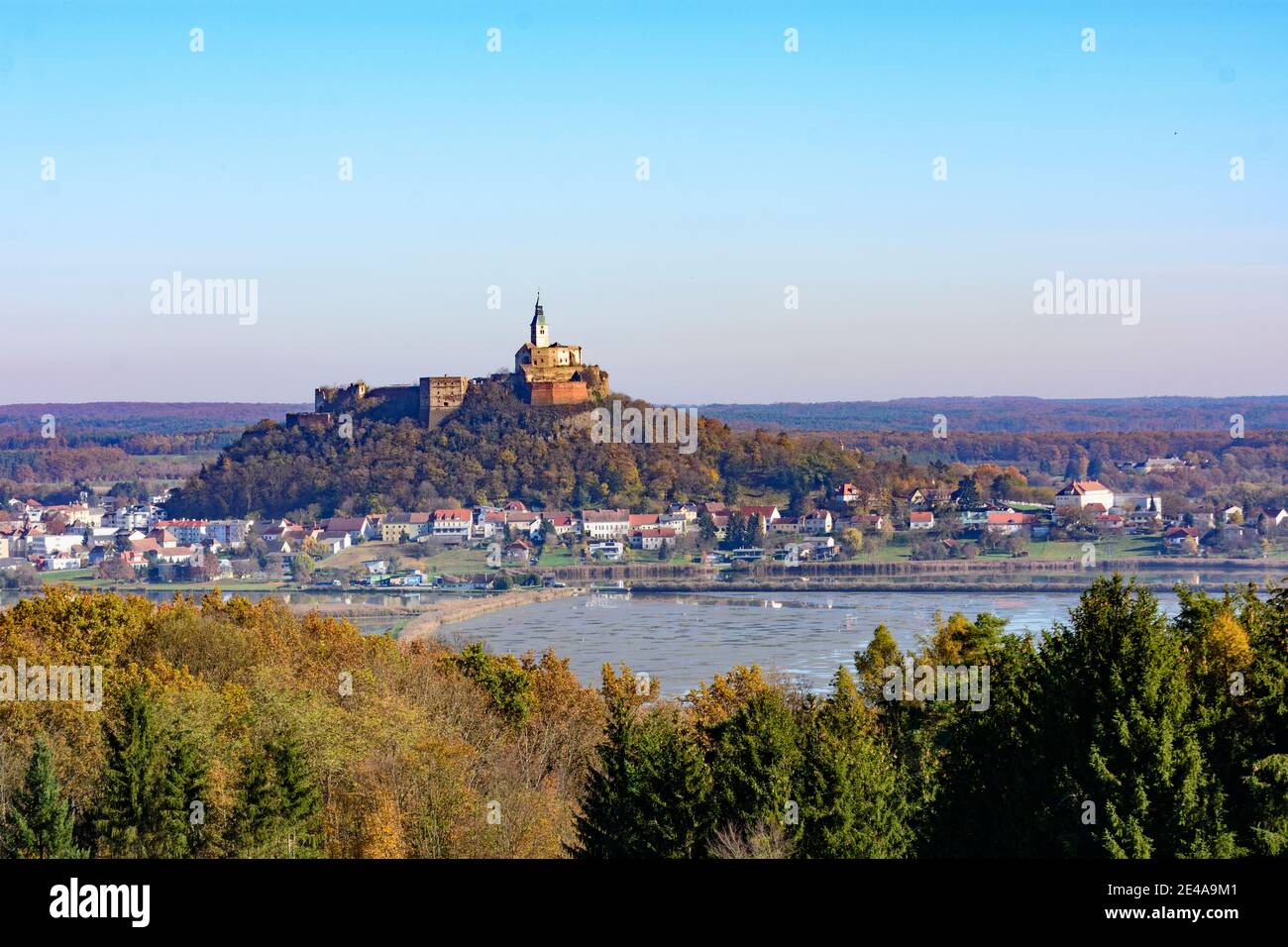 Güssing, Güssing Castle and town, in autumn drained fish ponds, Southern Burgenland, Burgenland, Austria Stock Photo