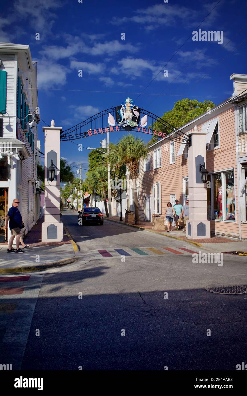 Bahama Village in Historic Key West, Florida.  Colorful neighborhood destination. Homes, shops, restaurants, and bars. Stock Photo