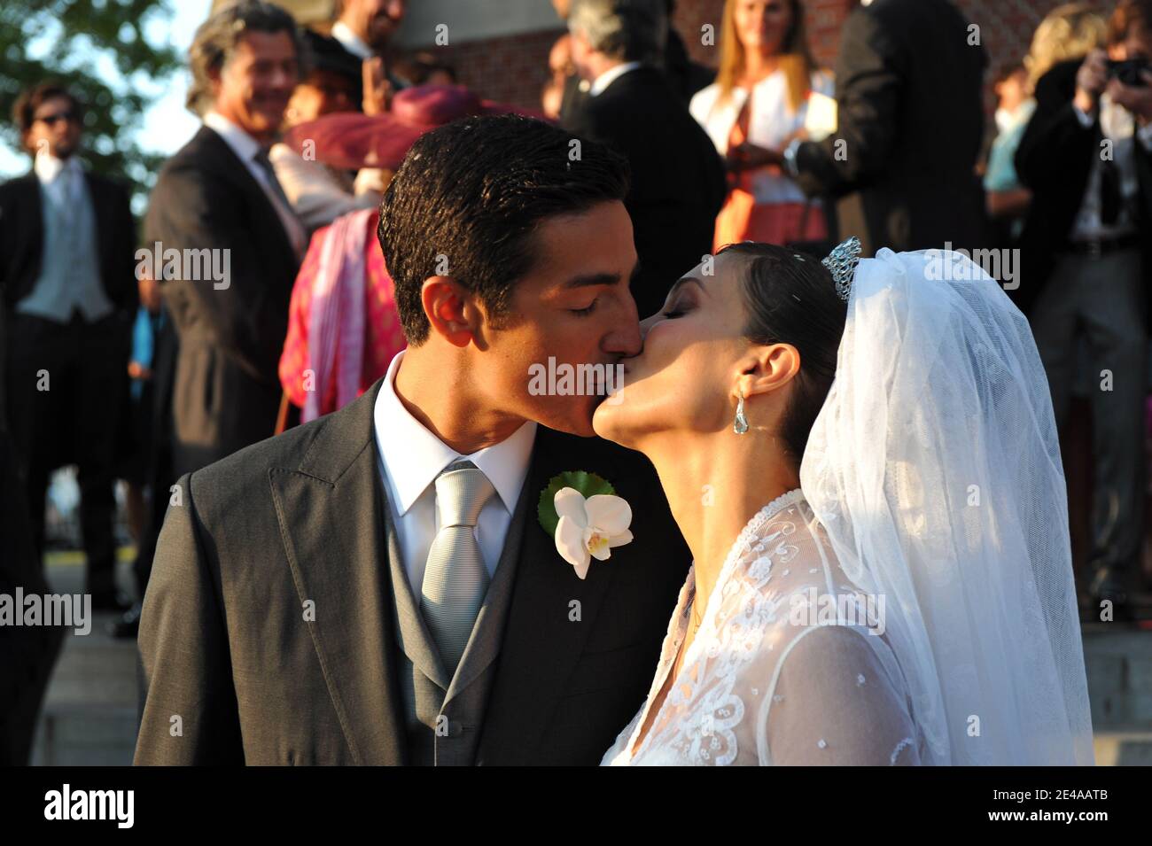 EXCLUSIVE. Religious wedding of Belgian Prince Edouard de Ligne La  Tremoille and Italian actress Isabella Orsini in Antoing, Belgium on  September 5, 2009. Kate Middleton's gown, which is a design by Sarah, image size:1300x955