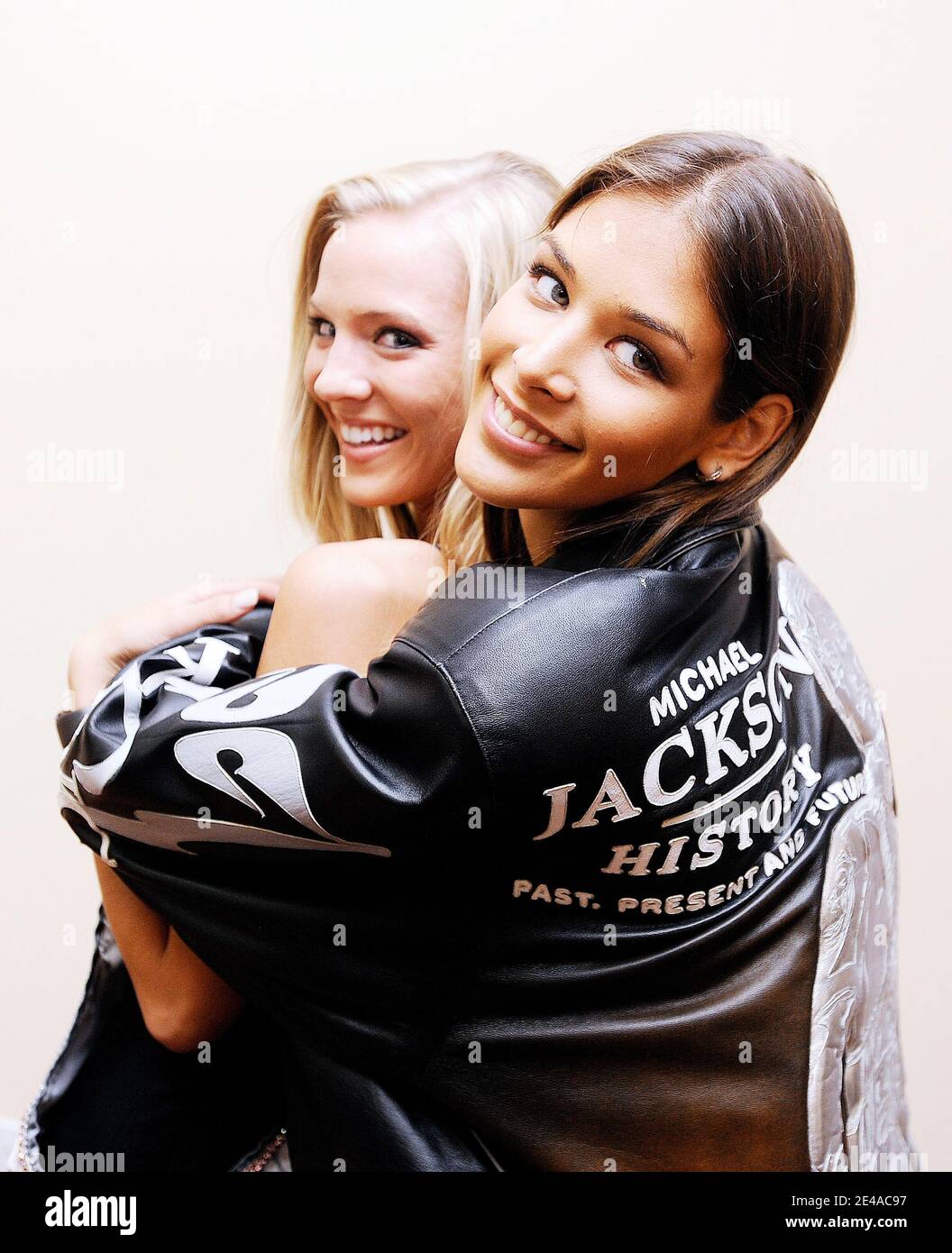 Miss Universe Dayana Mendoza and Miss USA Kristen Dalton pose with a collector Michael Jackson jacket (only 4 made) at Sledge USA headquarter in Los Angeles, CA, USA on July 2 2009. Photo by Olivier Douliery/ABACAPRESS.COM Stock Photo