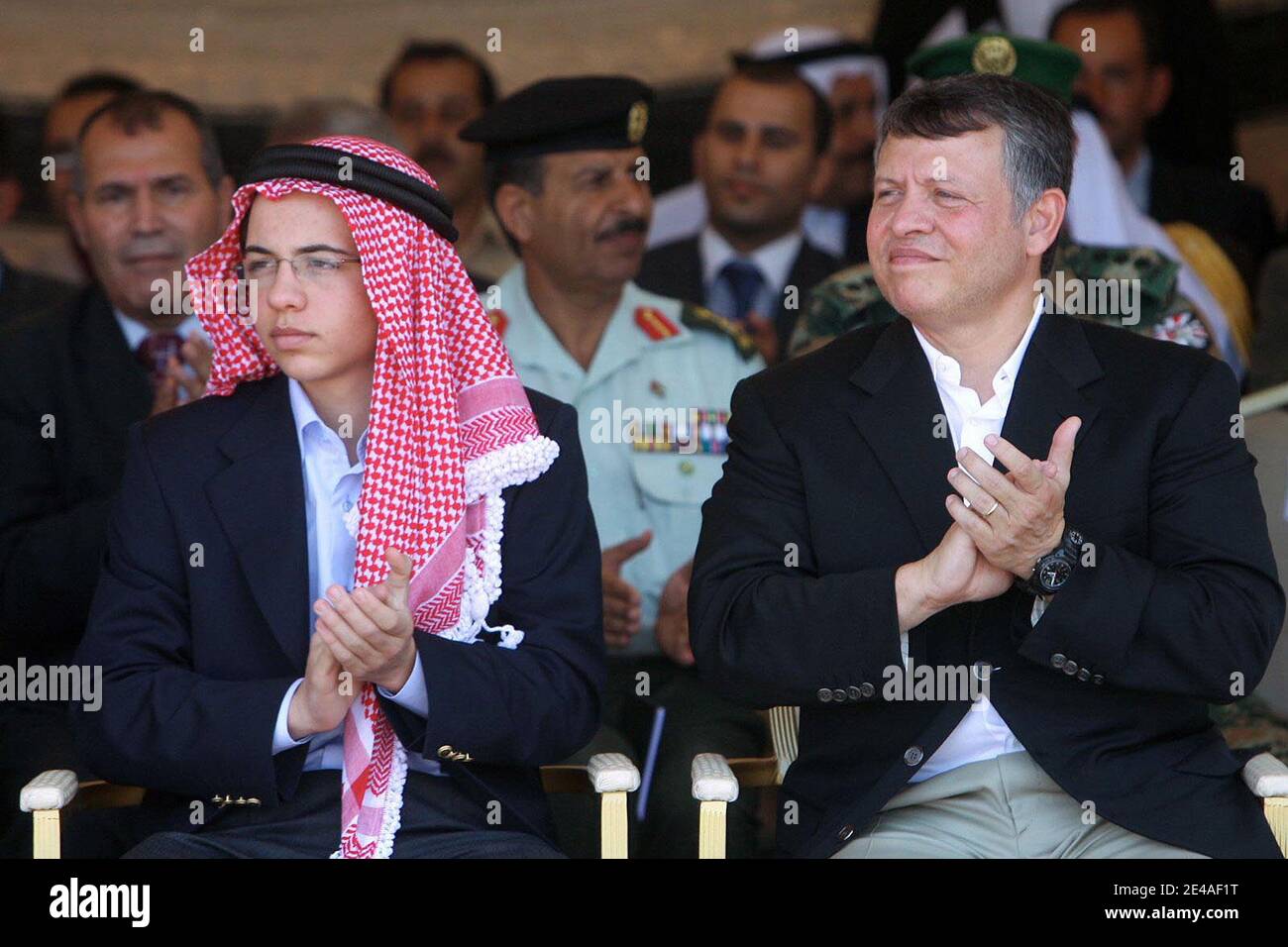 Jordan's King Abdullah joins his eldest son Hussein, 15-years old, in his  first public duty as Crown Prince, to meet with bedouin tribes of Bani  Hassan in the area of Mafraq, east