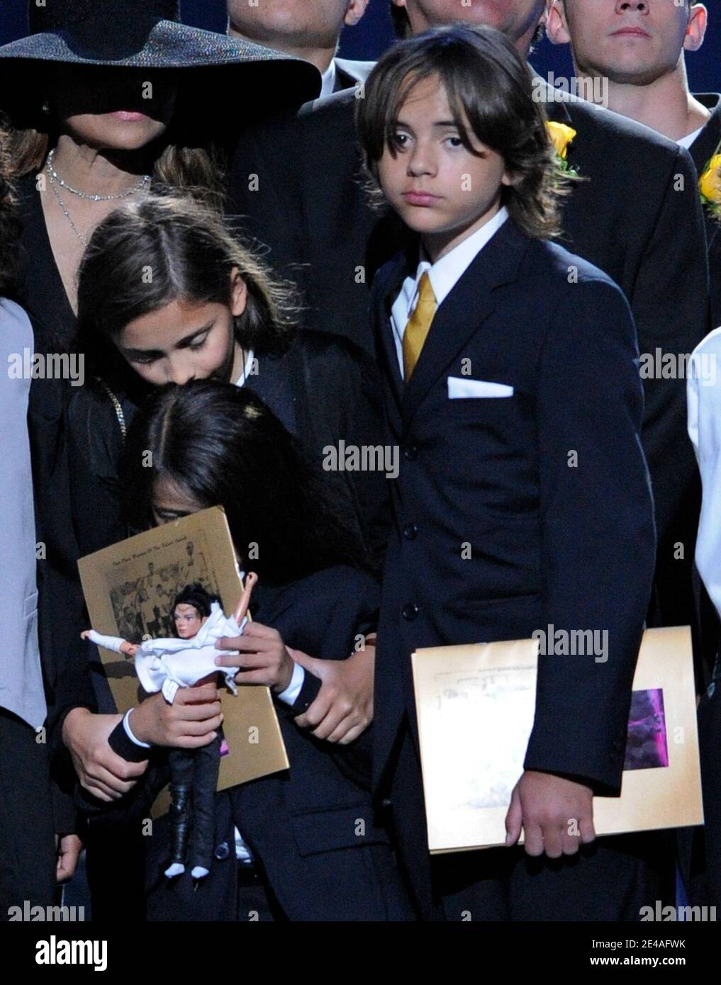 Paris Katherine Jackson, l, Prince Michael Jackson and Prince Michael Jackson II onstage during the memorial service for Michael Jackson at the Staples Center in Los Angeles, CA, USA on July 7, 2009. Pool photo by Mark J. Terrill/AP/PA-ABACAPRESS.COM (Pictured: Paris Jackson, Prince Michael Jackson, Prince Michael Jackson II) Stock Photo