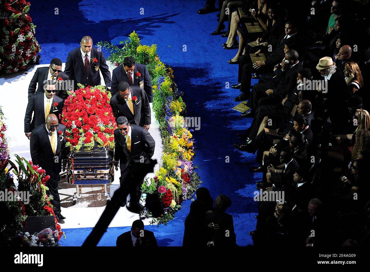 Pallbearers carrying Jackson's coffin leave Staples center stage after