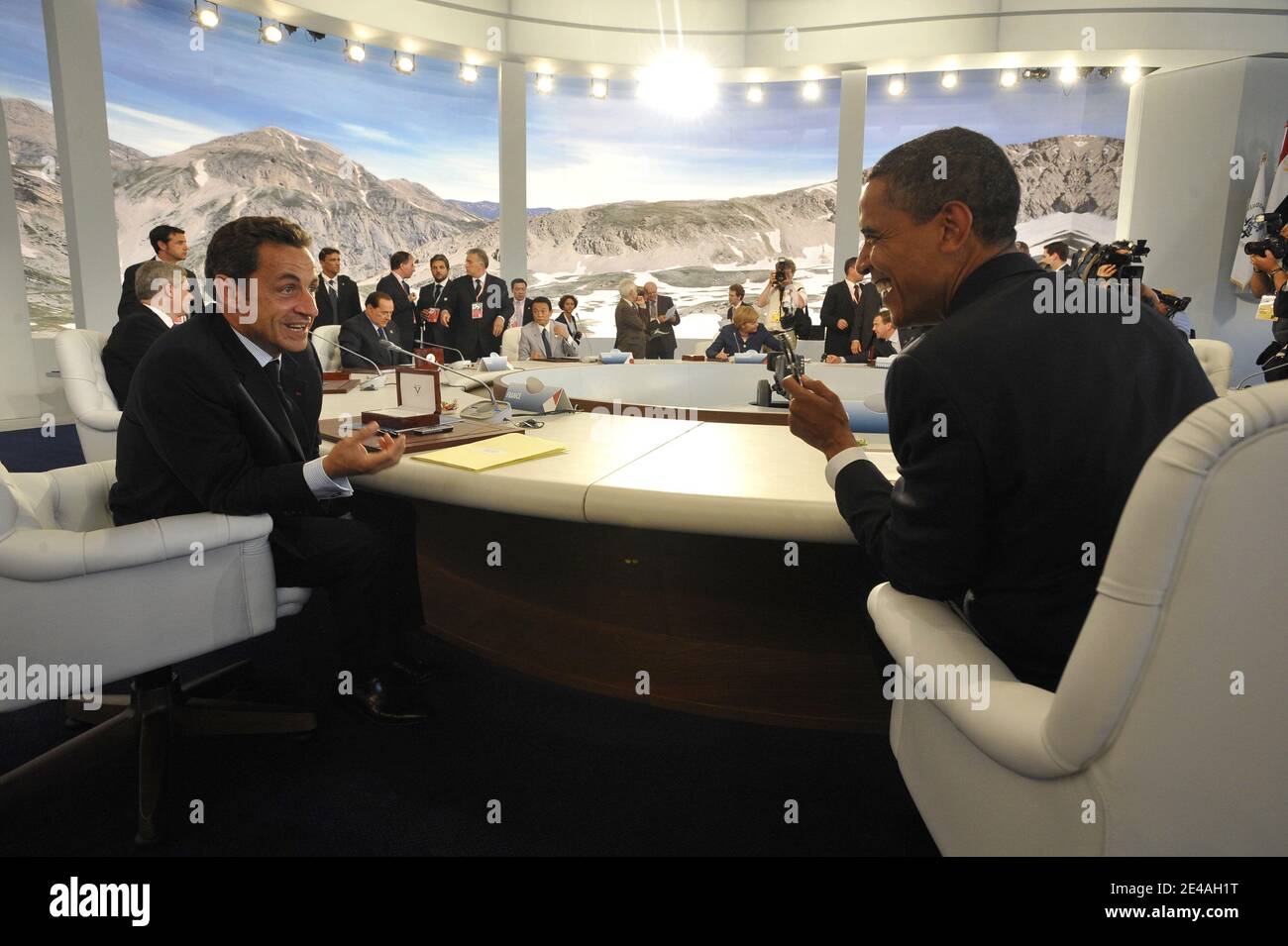 French President Nicolas Sarkozy speaks with US President Barack Obama before a round-table discussion with the leaders of the G8 group of nations during their summit at the Guardia Di Finanza School of Coppito in L'Aquila, Italy, on July 8, 2009. Photo by Elodie Gregoire/ABACAPRESS.COM Stock Photo