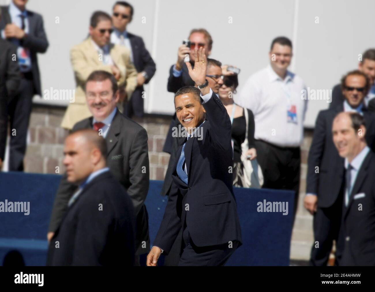 US President Barack Obama arrives for a meeting during the Group of Eight (G8) summit in L'Aquila, central Italy, on July 9, 2009. Photo by Hamilton/Pool/ABACAPRESS.COM Stock Photo