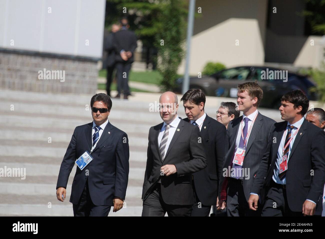 Swedish Prime Minister Fredrik Reinfeldt arrives for a meeting during the Group of Eight (G8) summit in L'Aquila, central Italy, on July 9, 2009. Photo by Hamilton/Pool/ABACAPRESS.COM Stock Photo