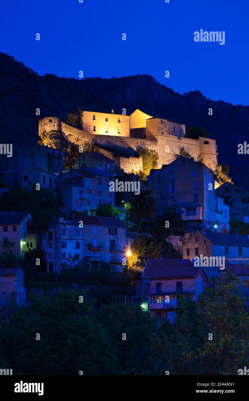 City at night, Corte, Haute-Corse, Corsica, France Stock Photo