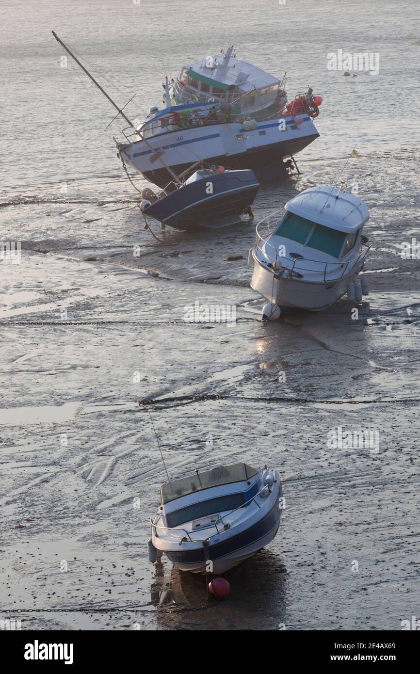 Elevated view of boats in low tide, Granville, Manche, Normandy, France Stock Photo