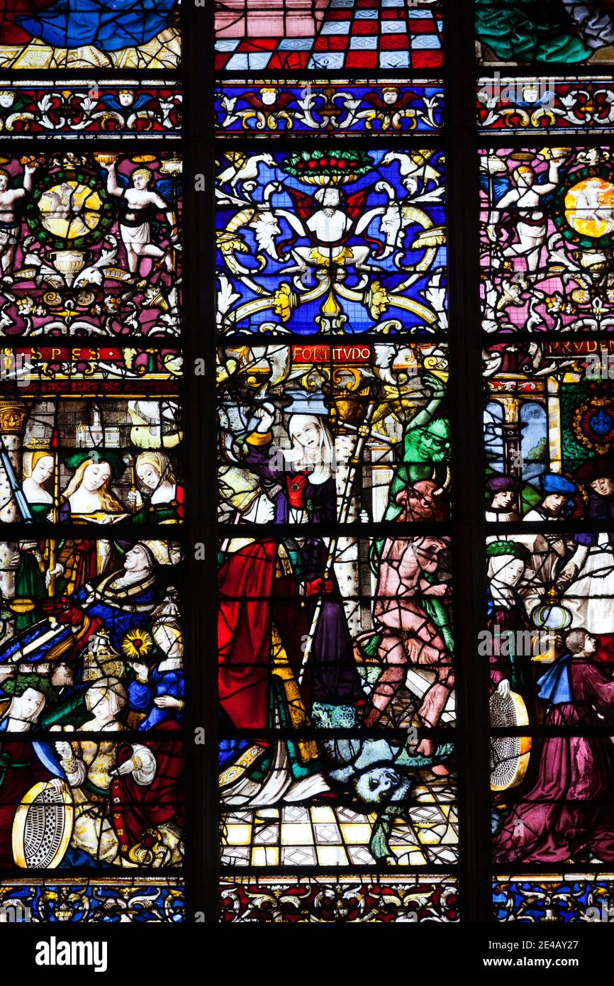 Low angle view of stained glass window of a cathedral, Notre Dame De Paris, Rouen, Seine-Maritime Department, Normandy, France Stock Photo