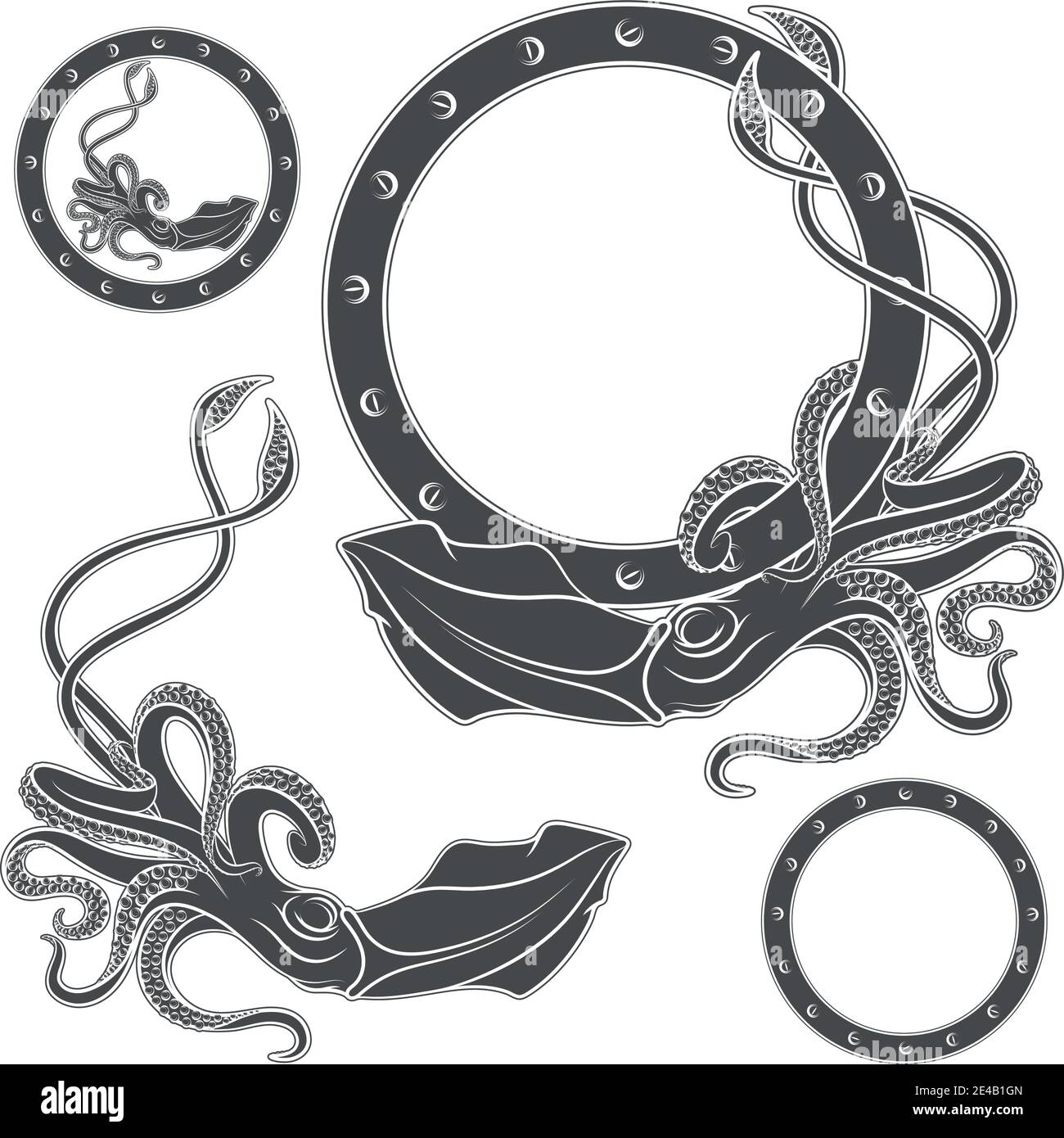 Set of black and white illustrations with squid on a white background
