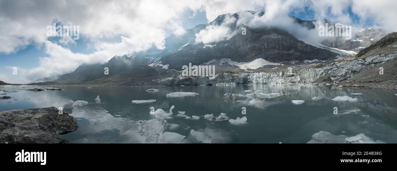 Panorama picture, glacier lake on Klausenpass, icebergs, glacier breakup Stock Photo