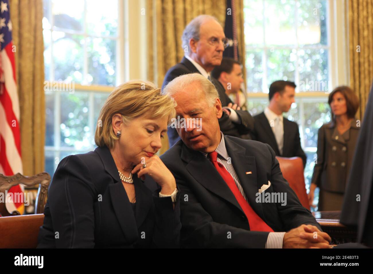 Secretary Of State Hillary Rodham Clinton Listens To Vice President Joseph Biden With George Mitchell In The Background As President Barack Obama Meets With Egyptian President Hosni Mubarak In The Oval Office