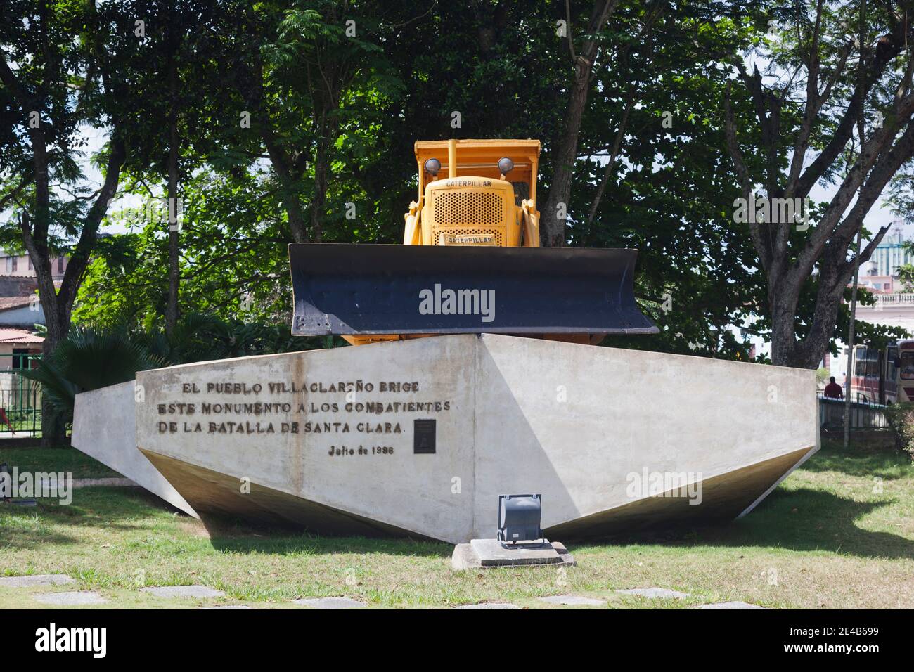 Bulldozer that the guerrillas used to cut the railway line is on a pedestal at the Tren Blindado, Santa Clara, Cuba Stock Photo