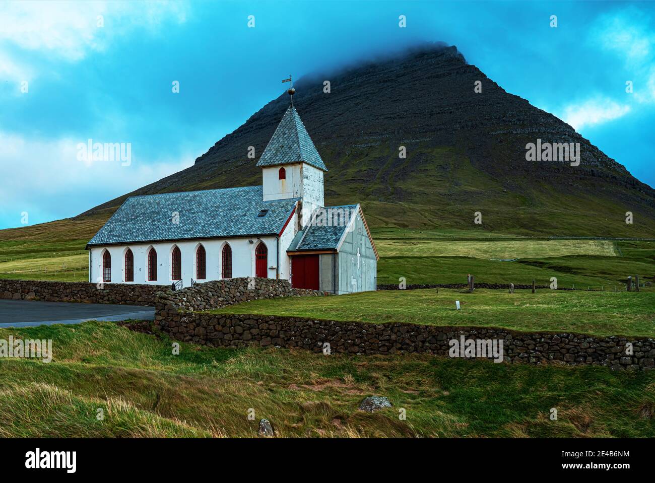 Church, Viðareiði, Viðoy Island, Faroe Islands Stock Photo