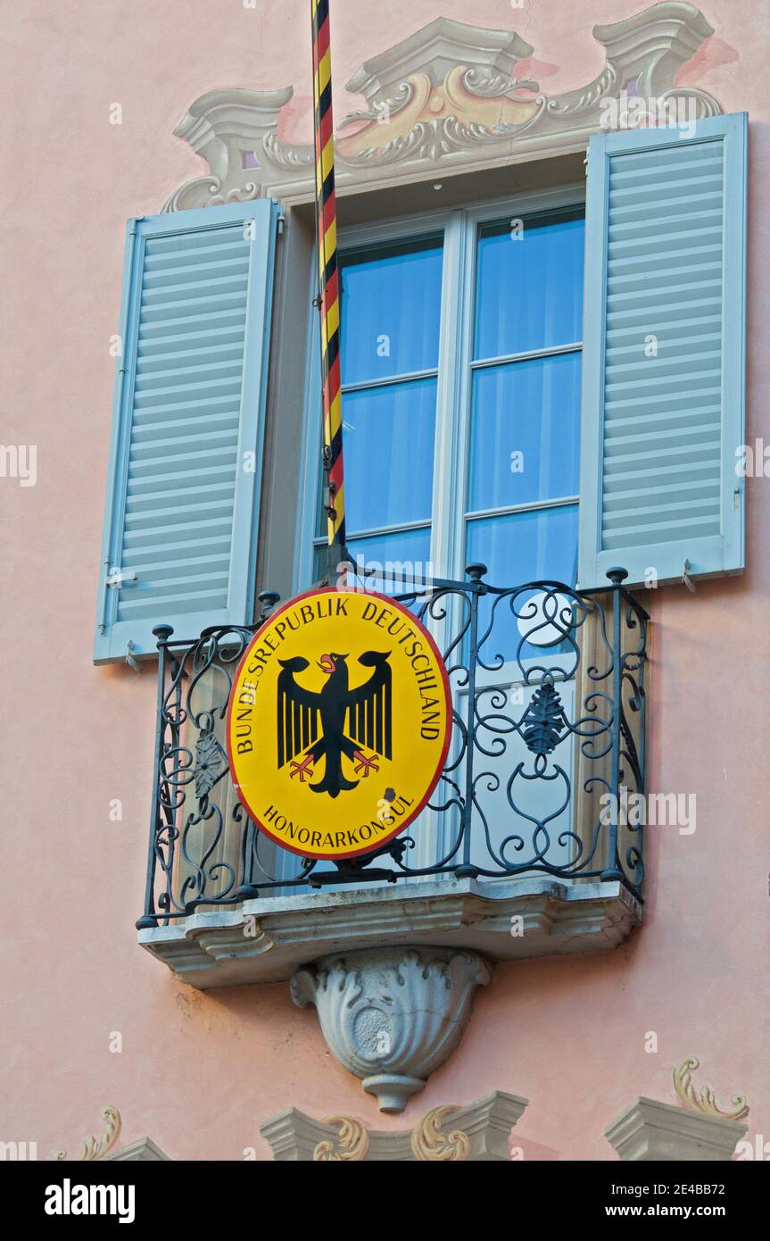 Lugano, Switzerland - 14th January 2021 : Close up view of coat of arms of Honorary Consulate of the Federal Republic of Germany in front of a beautif Stock Photo