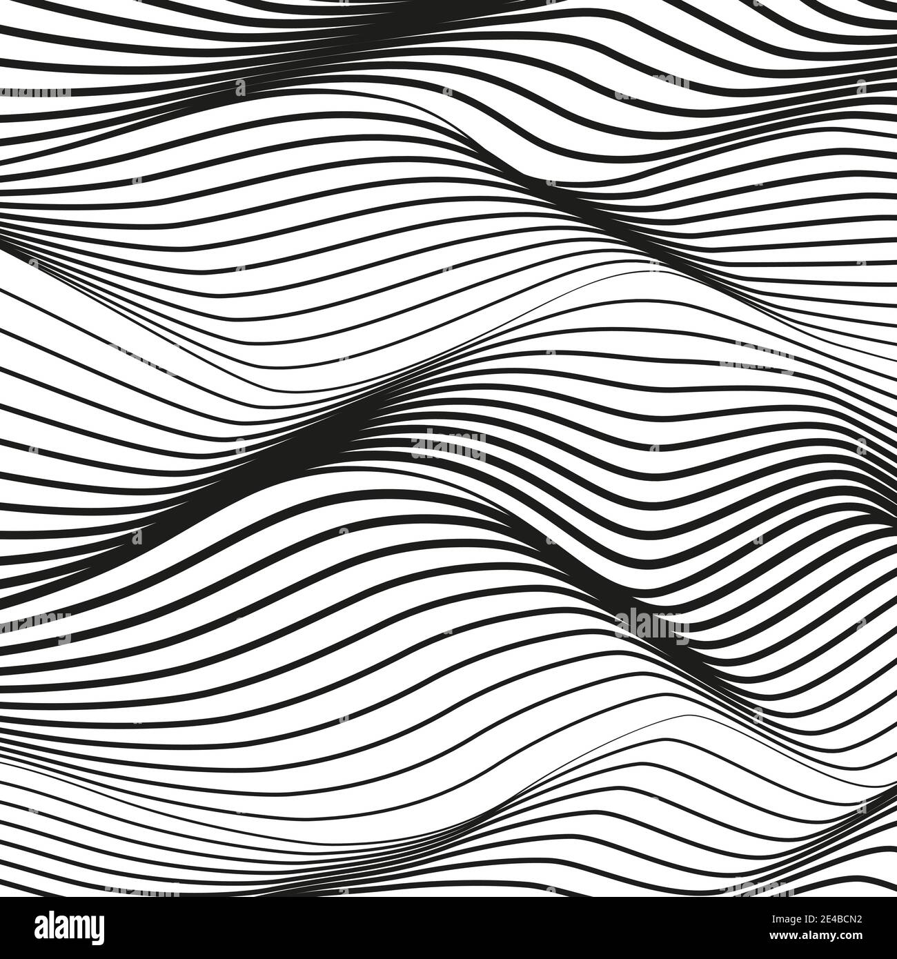 Vector monochrome striped background. Deformed black lines on white surface. Abstract op art pattern. Ripple, warped, wavy lines. Tech design. EPS10 Stock Vector