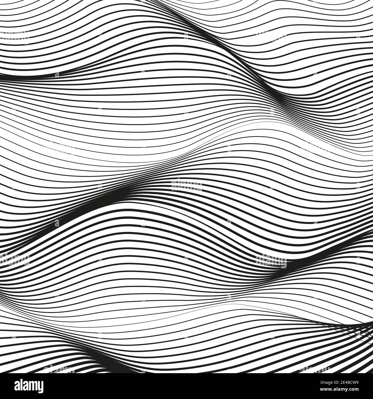 Deformed black, white striped surface. Vector background. Abstract op art pattern. Squiggle, warped, waving lines. Tech design. Modern concept. EPS10 Stock Vector