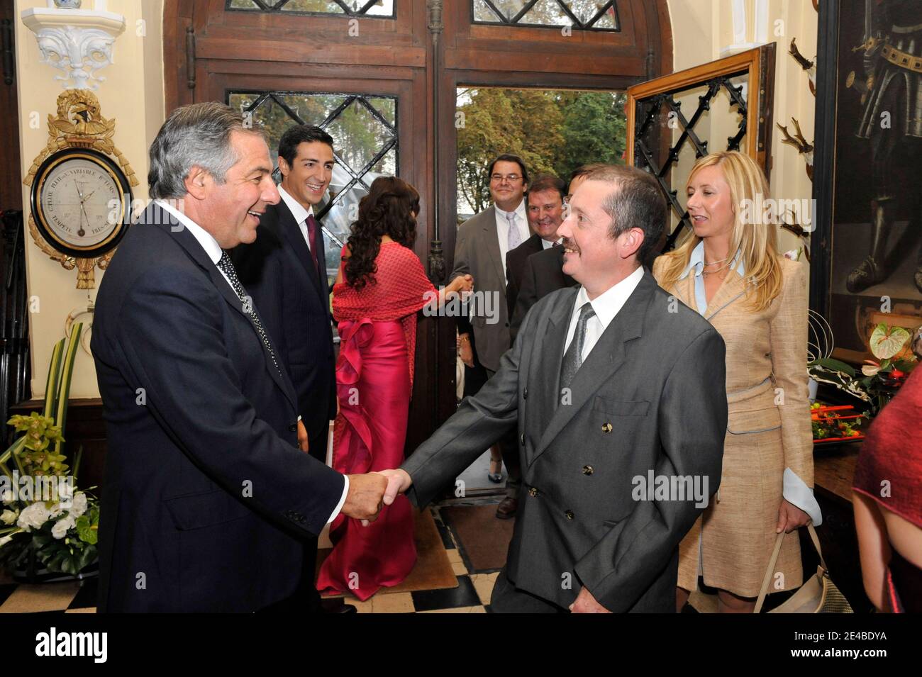 EXCLUSIVE. Belgian Prince Edouard de Ligne La Tremoille wedding with  Italian actress Isabella Orsini and Edouard's father Prince Charles-Antoine  de Ligne welcoming guests in Antoing, Belgium on September 2, 2009. The  civil