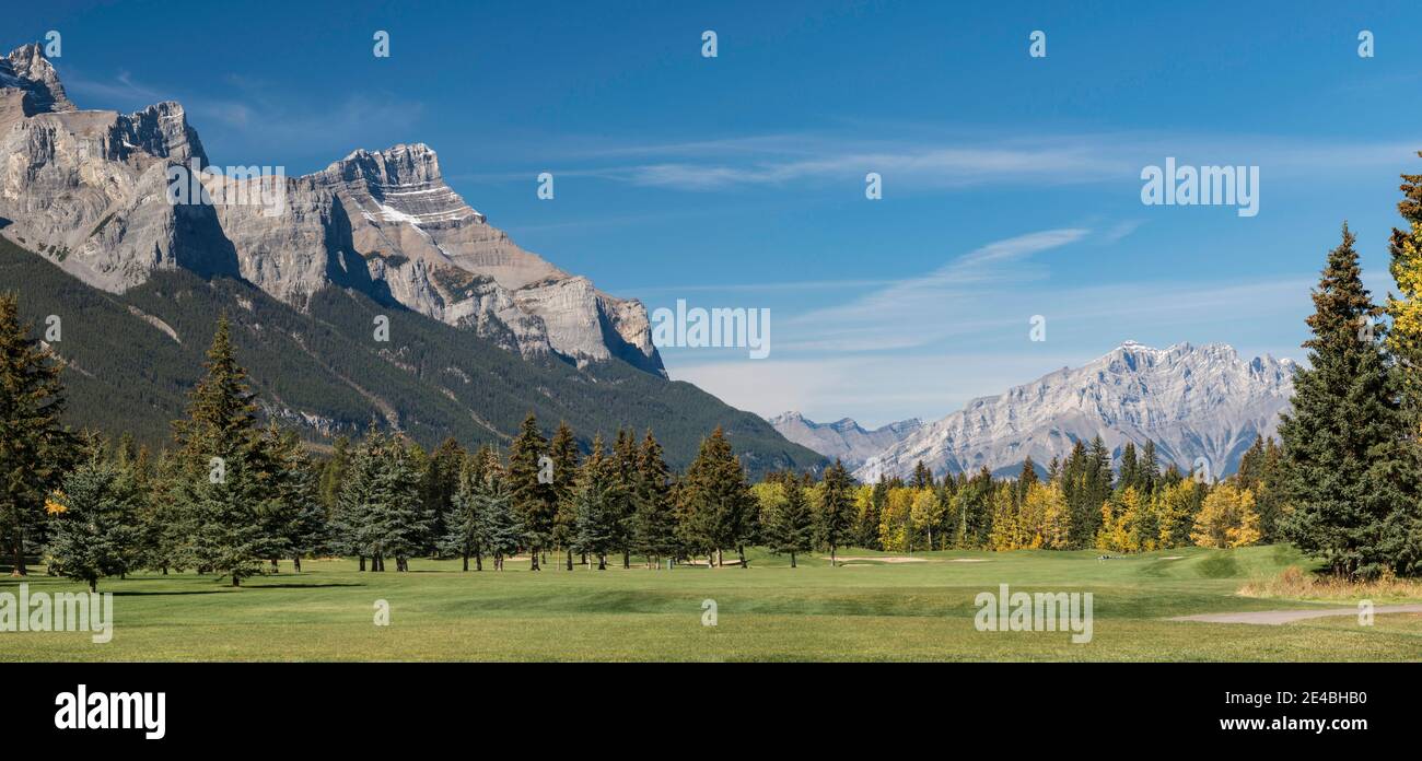 View of the Canmore Golf Course, Mount Rundle, Cascade Mountain, Canmore, Alberta, Canada Stock Photo
