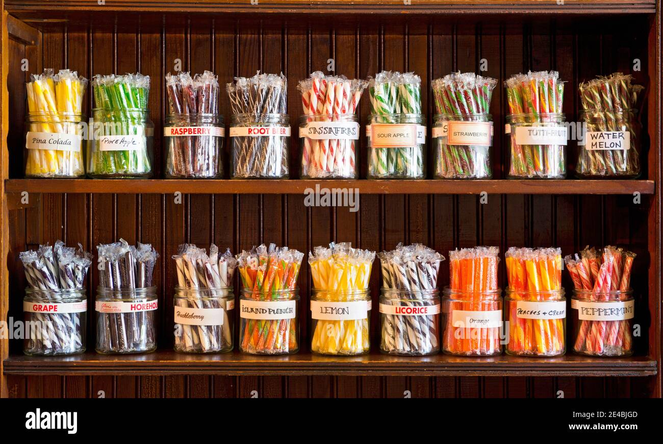 Assorted Candies in Jars, Fort Steele, British Columbia, Canada Stock Photo