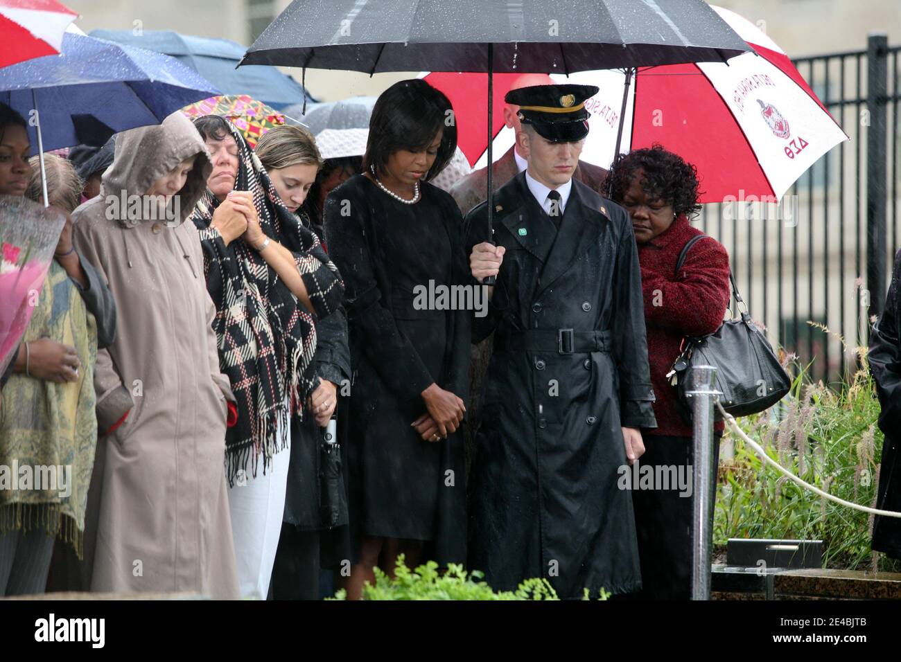 First lady Michelle Obama attends a wreath laying ceremony at the Pentagon Memorial to mark the anniversary of the 9-11 terrorist attacks in Arlington, VA, USA on September 11, 2009. Pool photo by Gary Fabiano/ABACAPRESS.COM Stock Photo